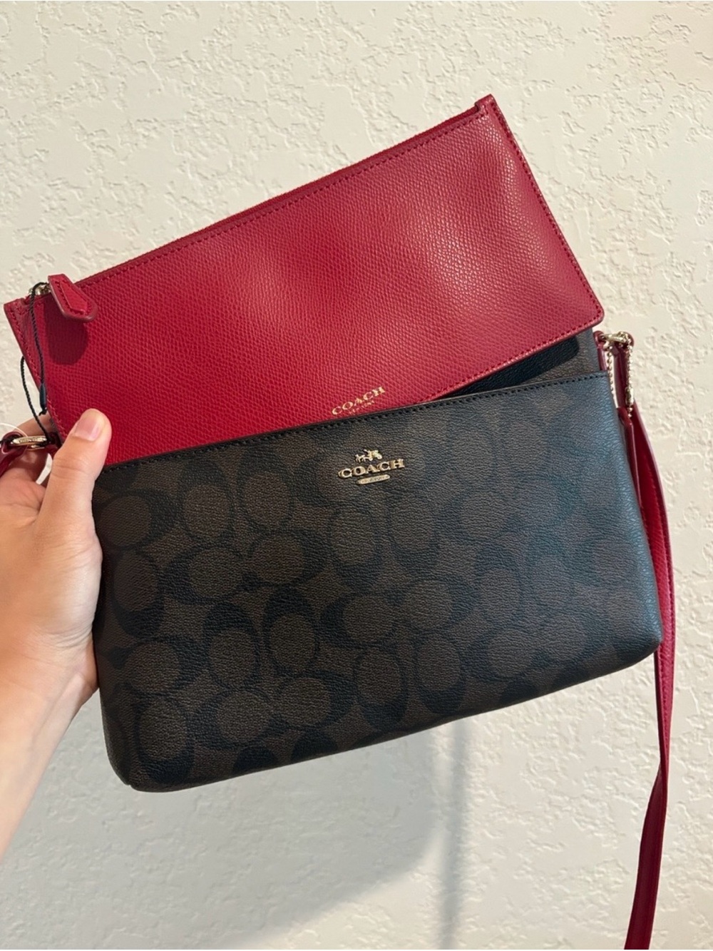 Coach Black Signature Canvas Crossbody with Red Leather Pouch NWT